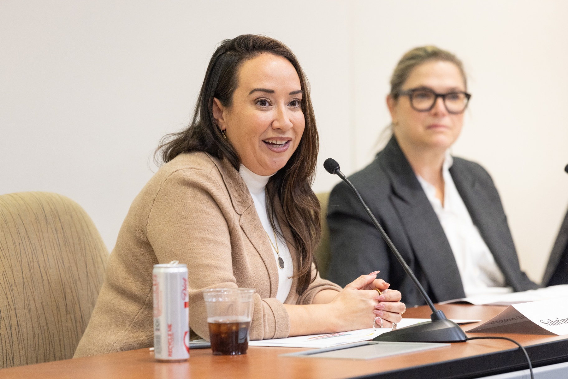 Sabrina Lippman speaking on the panel with Ellen Kackmann seated beside her